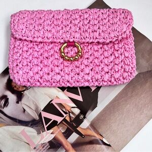 Vintage RODO Italy Elizabeth Arden Pink Wicker Straw Woven Clutch Purse